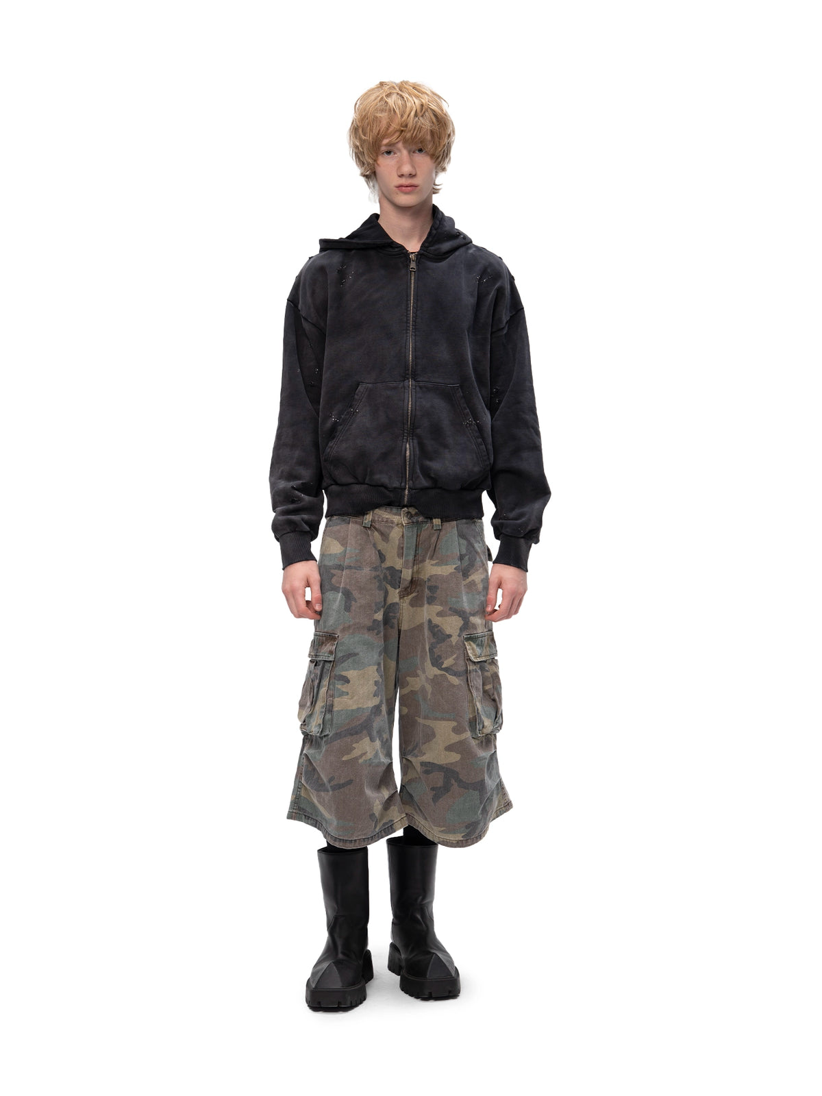 ACID WASH ZIP HOODIE BLACK