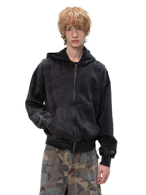 ACID WASH ZIP HOODIE BLACK