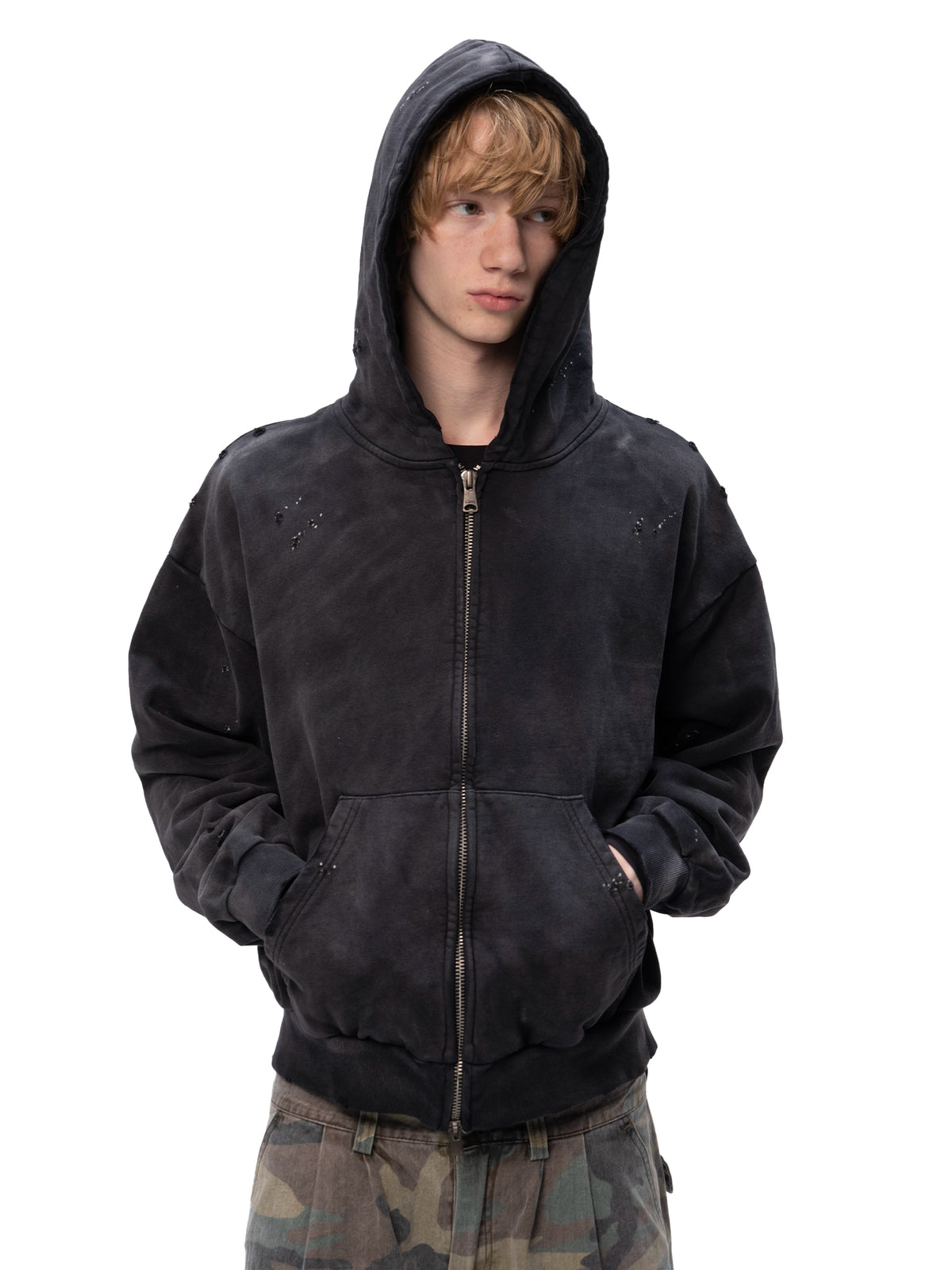 ACID WASH ZIP HOODIE BLACK