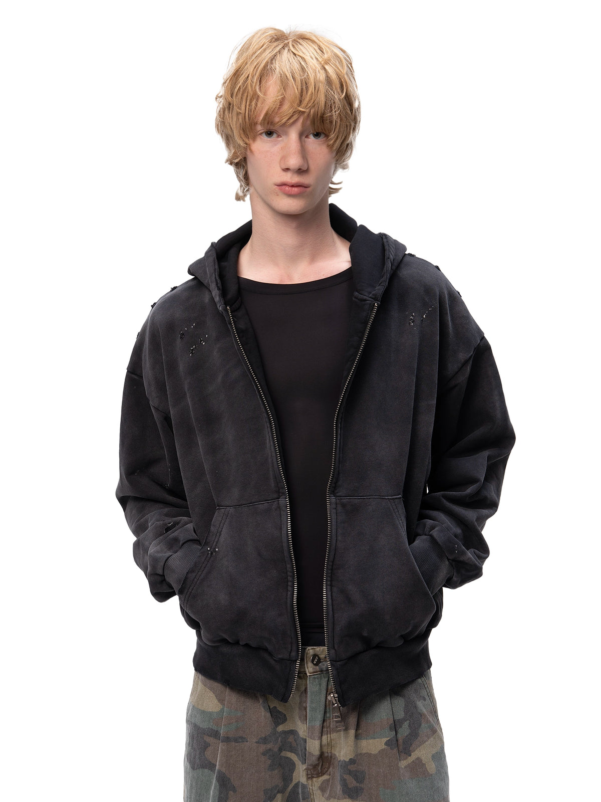 ACID WASH ZIP HOODIE BLACK