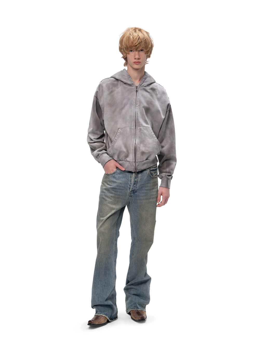 ACID WASH ZIP HOODIE GREY