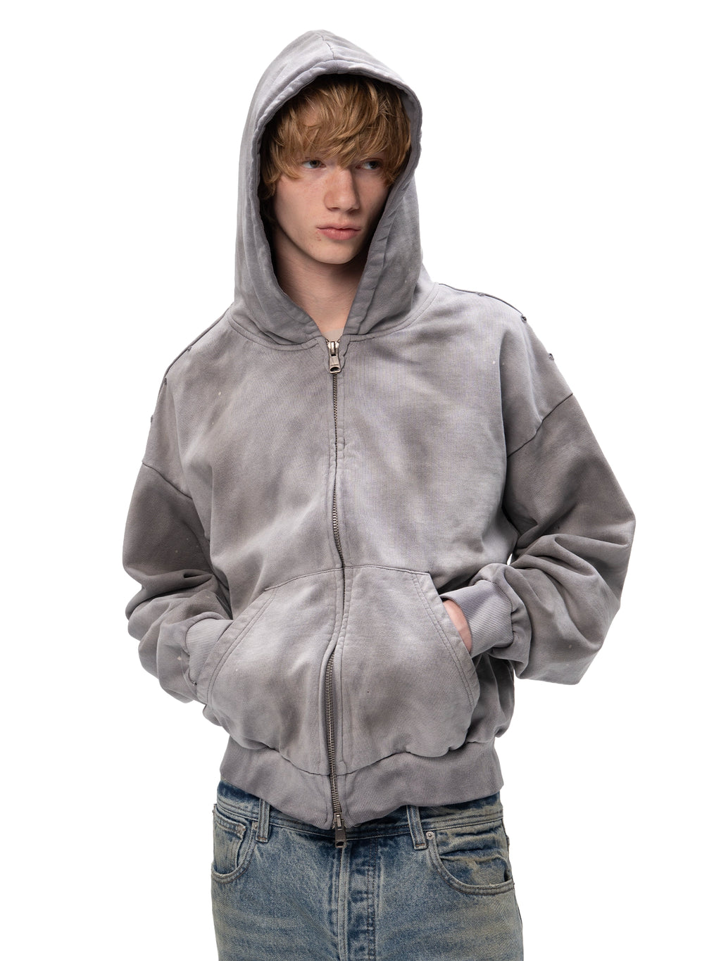 ACID WASH ZIP HOODIE GREY