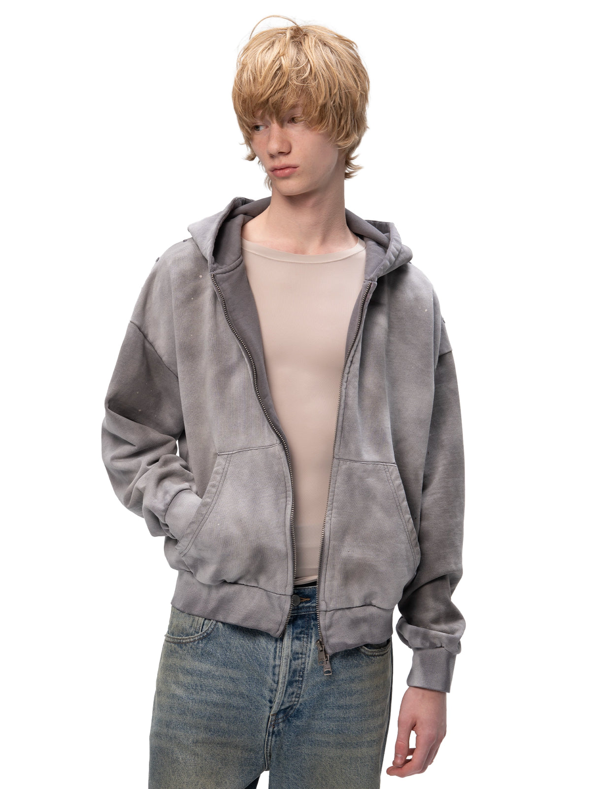 ACID WASH ZIP HOODIE GREY