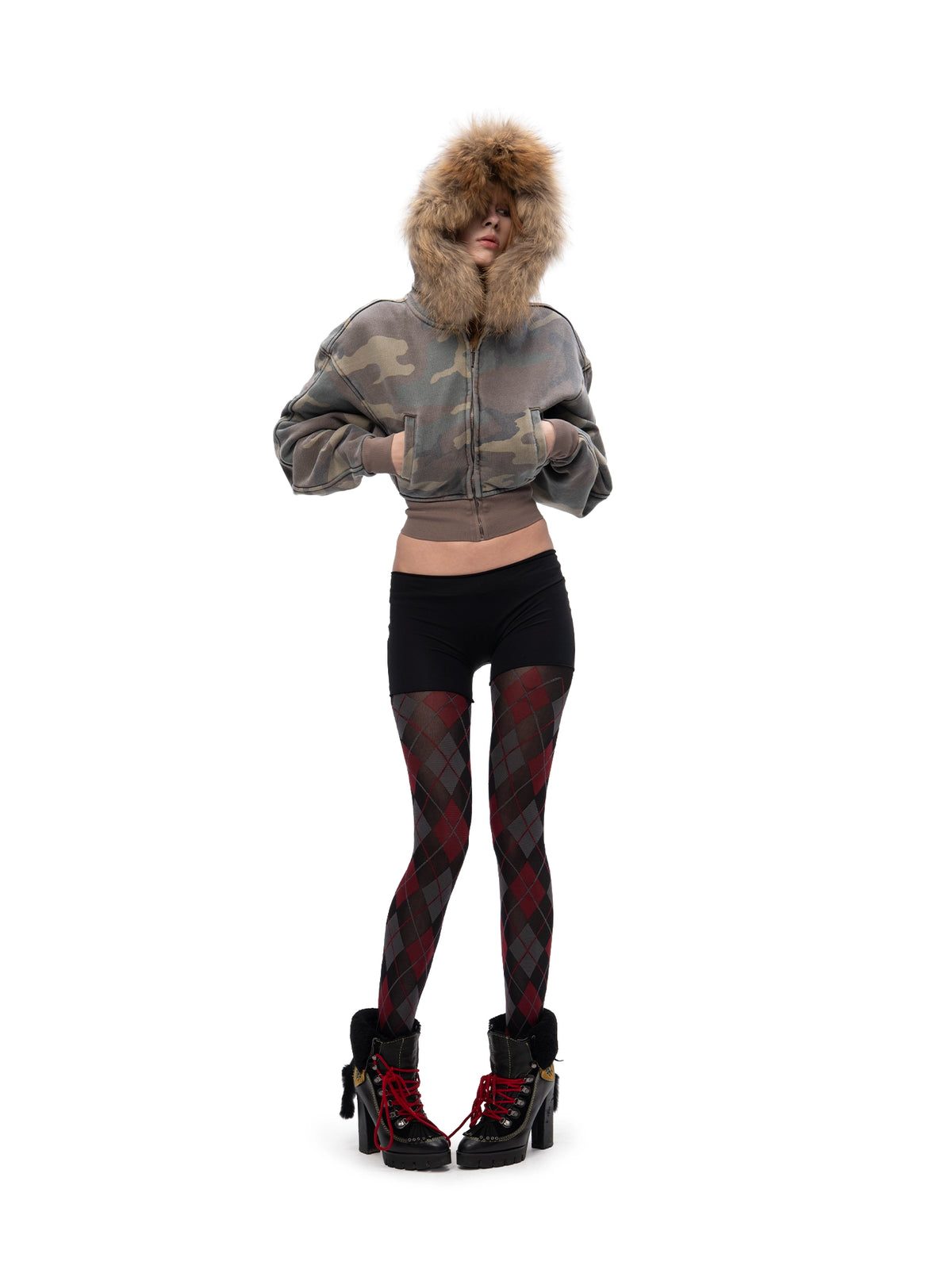 FURRY CROP ZIP HOODIE CAMO