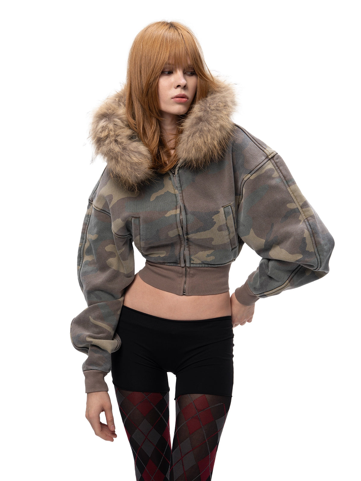 FURRY CROP ZIP HOODIE CAMO
